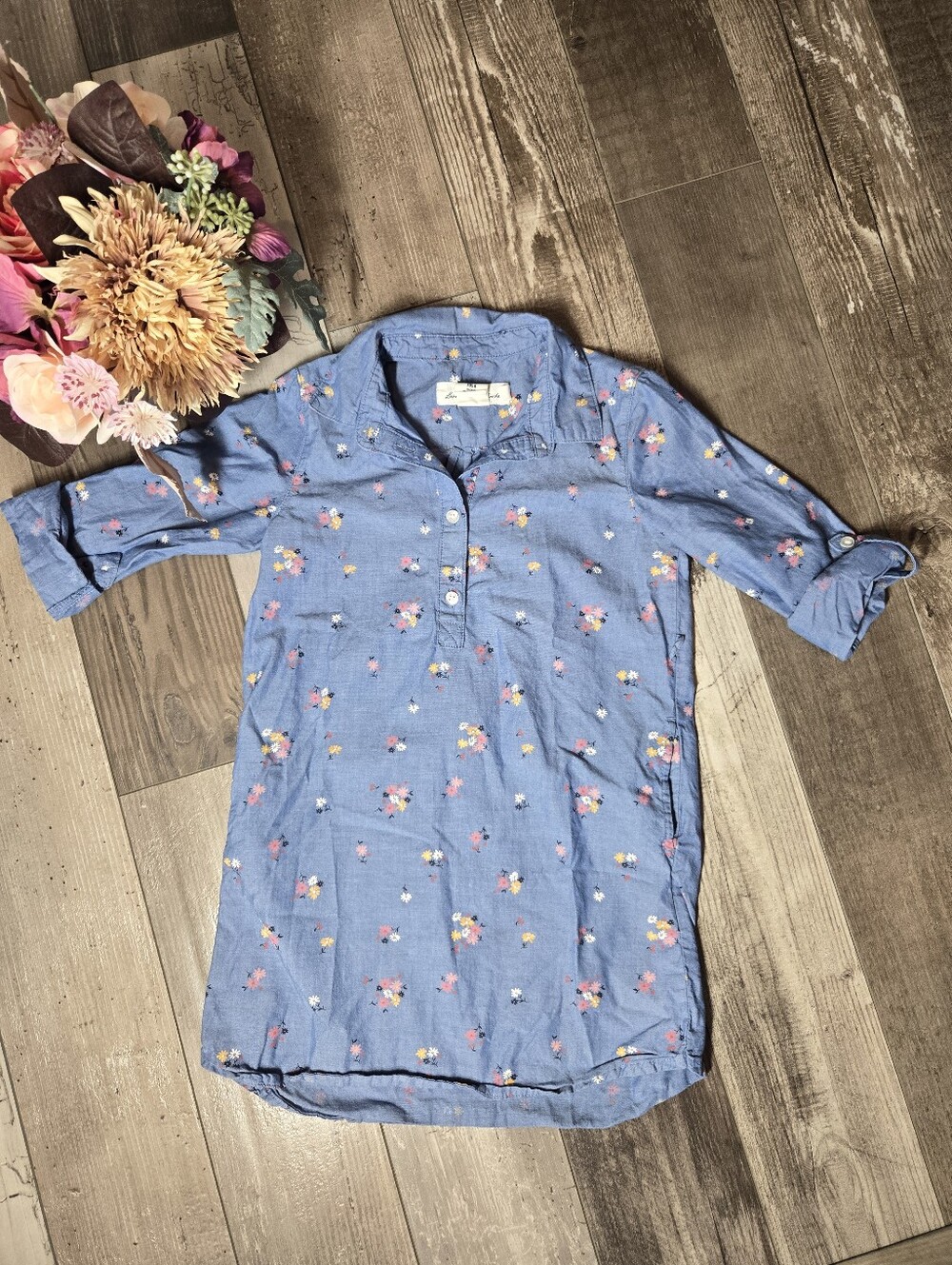 H&M L.O.G.G. Girls Blue Floral Shirt Dress – Size 5–6Y